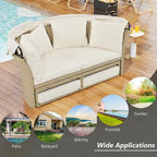 Patio Rattan Double Daybed with Retractable Canopy and 4 Pillows
