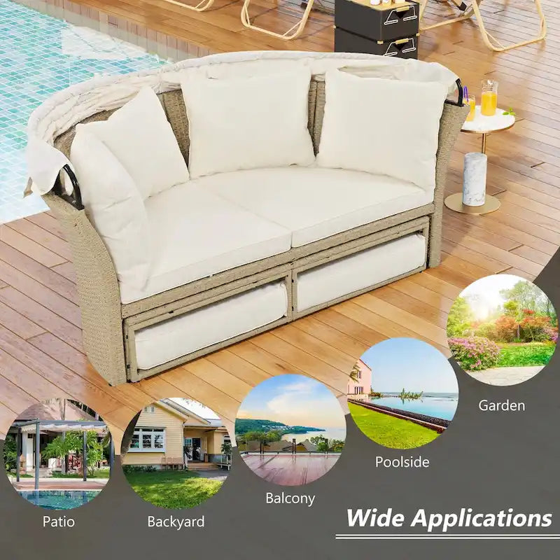 Patio Rattan Double Daybed with Retractable Canopy and 4 Pillows
