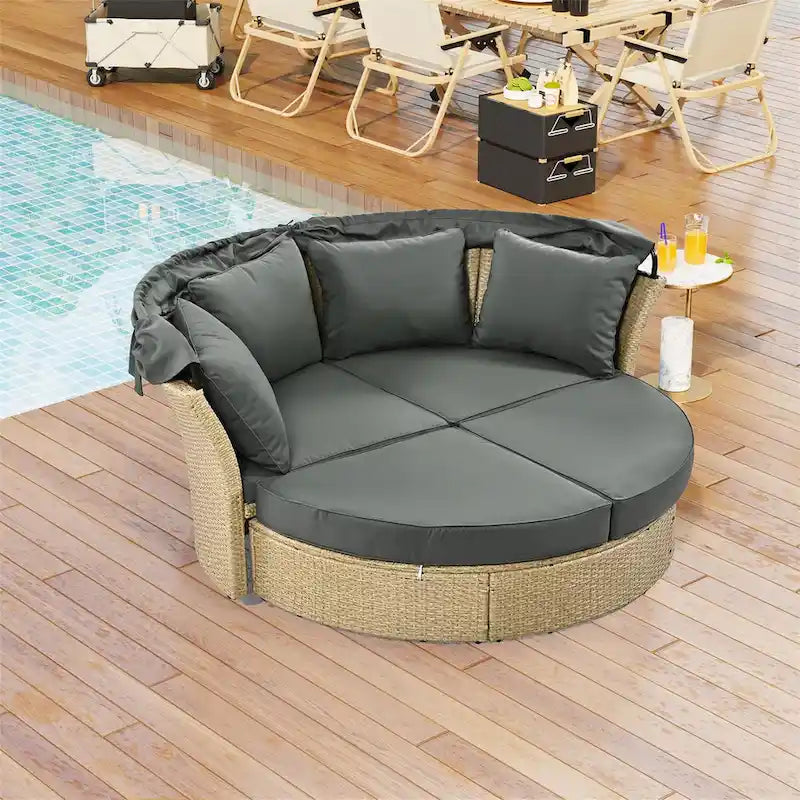 Patio Rattan Double Daybed with Retractable Canopy and 4 Pillows