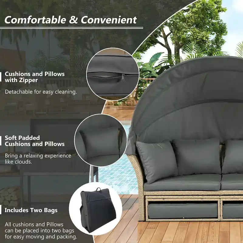Patio Rattan Double Daybed with Retractable Canopy and 4 Pillows