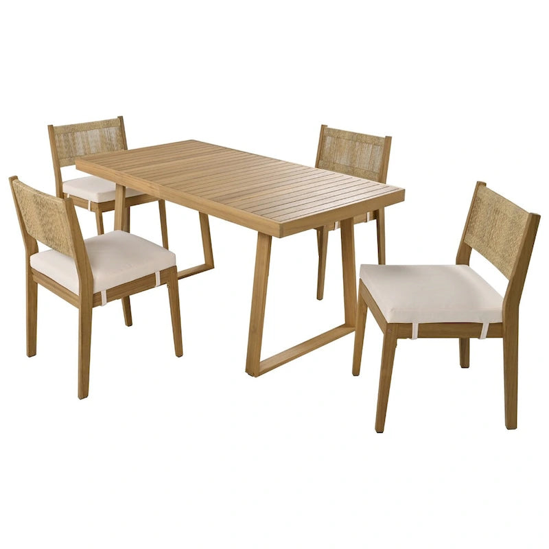 5-Piece Outdoor Acacia Wood Dining Table and Chair Set, Thick Cushions