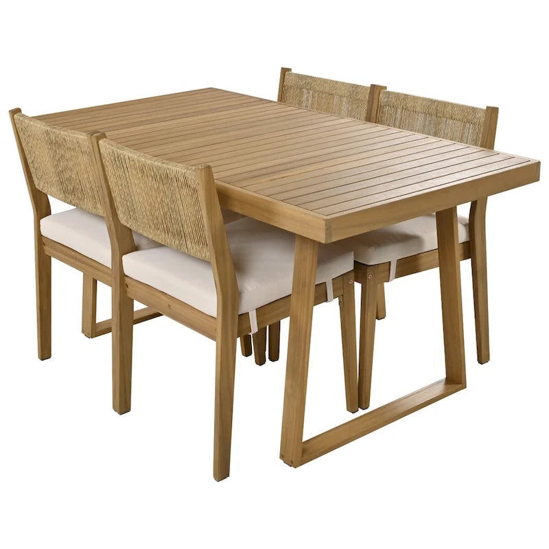 5-Piece Outdoor Acacia Wood Dining Table and Chair Set, Thick Cushions