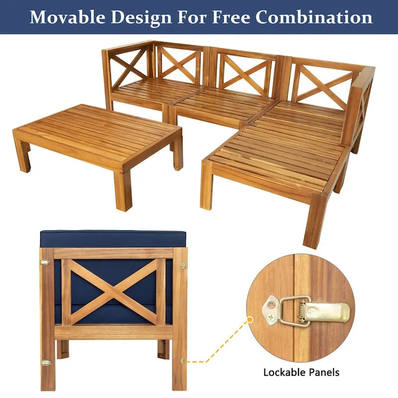 Natural Natural Acacia Wood 5-Piece Outdoor Sectional Sofa Set with Water-resistant Fabric