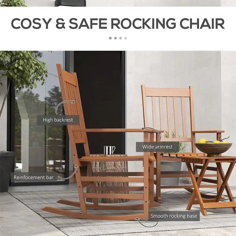 3 Piece Patio High Back Wood Rocking Chair with Side Table and Armrest