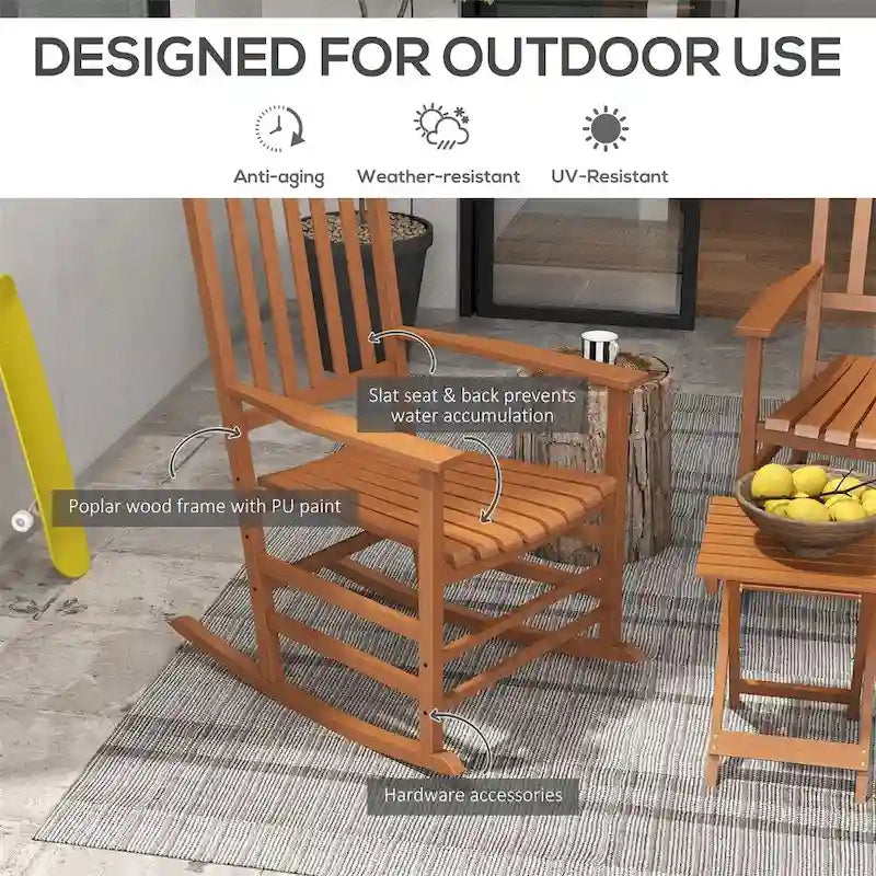 3 Piece Patio High Back Wood Rocking Chair with Side Table and Armrest