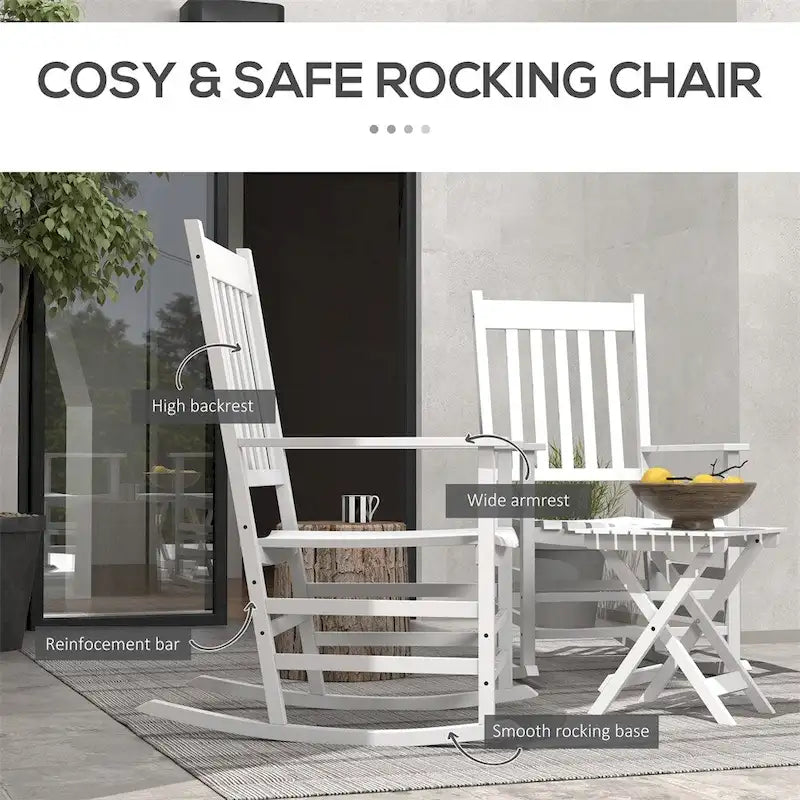 3 Piece Patio High Back Wood Rocking Chair with Side Table and Armrest