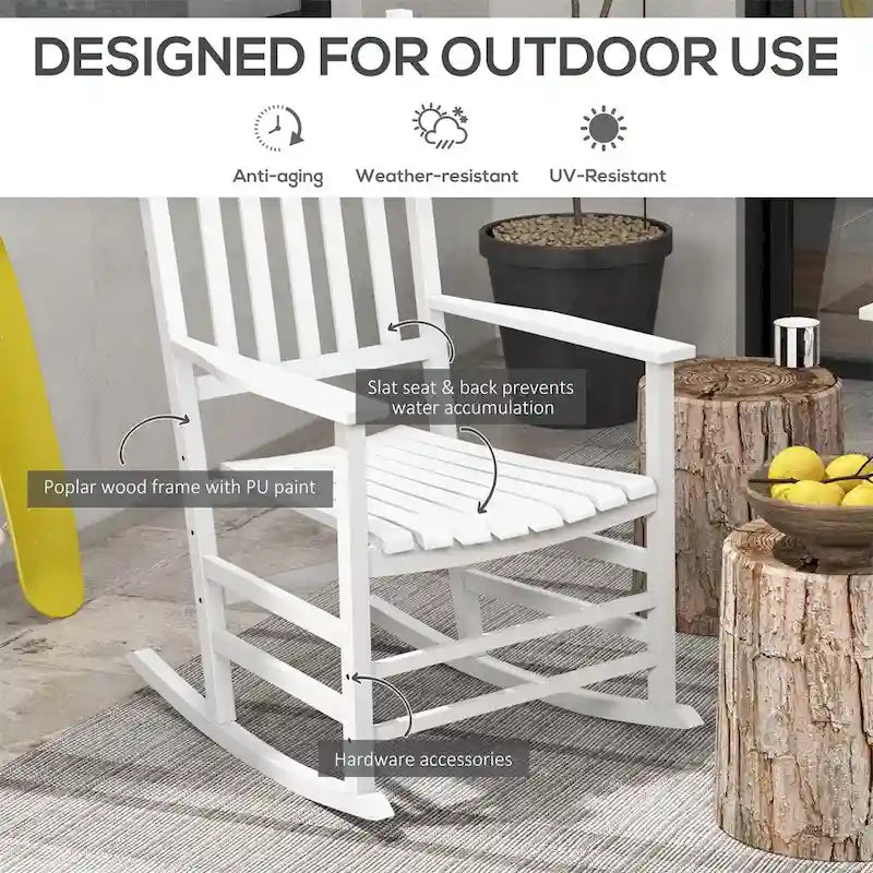 3 Piece Patio High Back Wood Rocking Chair with Side Table and Armrest