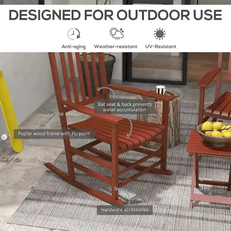3 Piece Patio High Back Wood Rocking Chair with Side Table and Armrest
