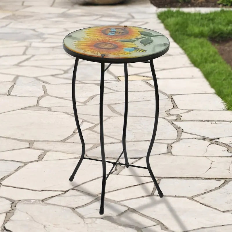 19 Sunflower and Bumblebee Glass Patio Side Table