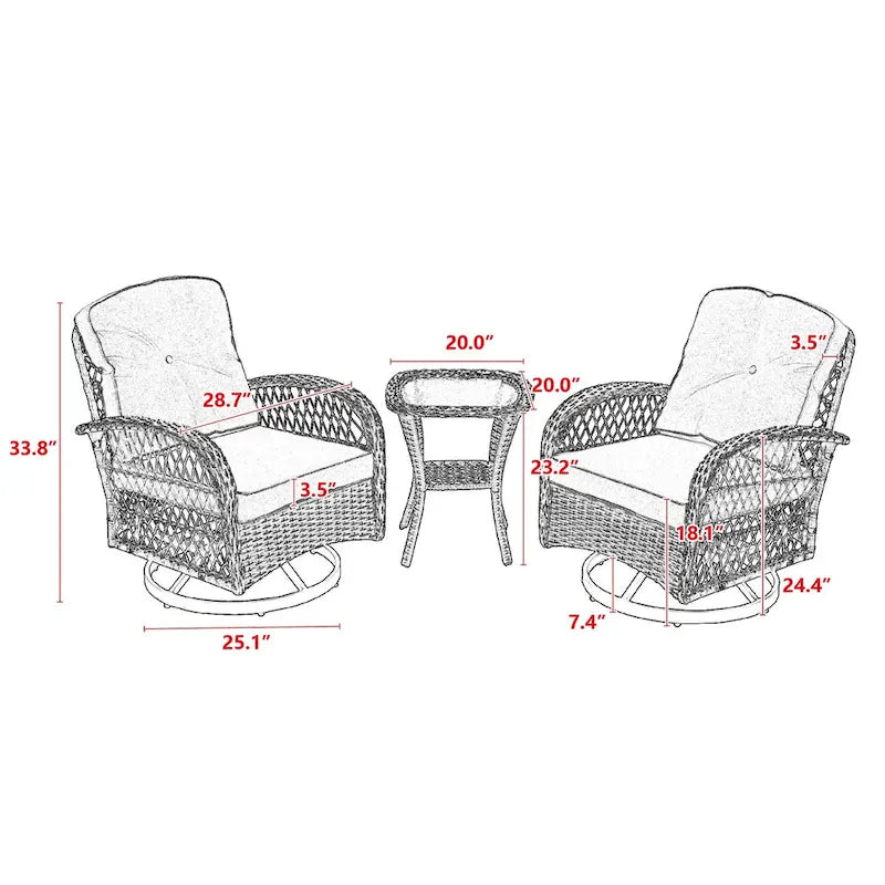 3 Pieces Outdoor Swivel Rocker Patio Chairs,Set with Thickened Cushions and Glass Coffee Table for Backyard