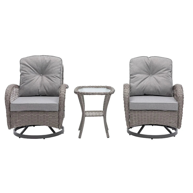 3 Pieces Outdoor Swivel Rocker Patio Chairs,Set with Thickened Cushions and Glass Coffee Table for Backyard