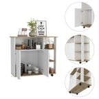 Paprika Kitchen Cart, Four Casters , Four Open Shelves, Double Door Cabinet -Light Oak / White