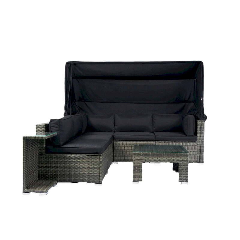 7-Piece Patio Furniture Set w/Retractable Canopy Wicker Rattan Sectional Sofa Set,Washable Cushions,Grey wicker + Black Cushion