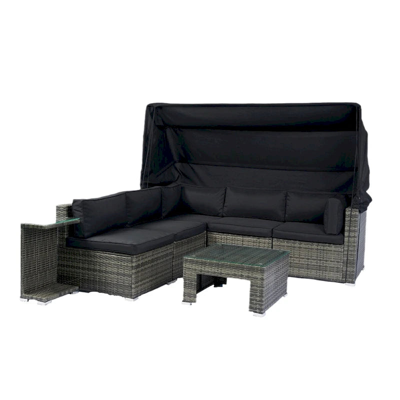 7-Piece Patio Furniture Set w/Retractable Canopy Wicker Rattan Sectional Sofa Set,Washable Cushions,Grey wicker + Black Cushion