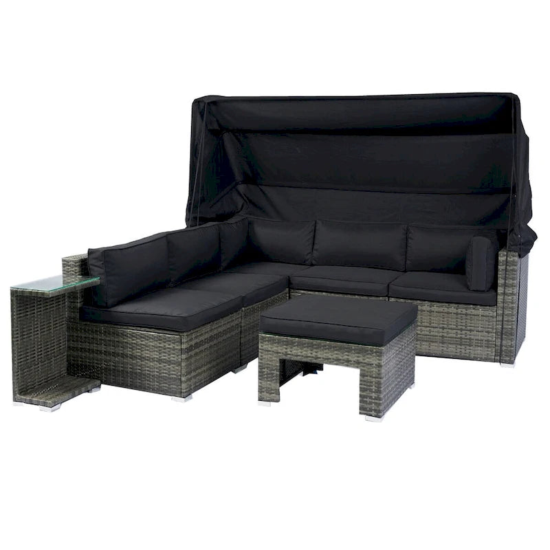7-Piece Patio Furniture Set w/Retractable Canopy Wicker Rattan Sectional Sofa Set,Washable Cushions,Grey wicker + Black Cushion