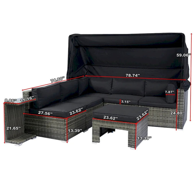7-Piece Patio Furniture Set w/Retractable Canopy Wicker Rattan Sectional Sofa Set,Washable Cushions,Grey wicker + Black Cushion