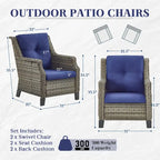 Gymojoy Patio Sofa Club Chair Wicker Chairs and Coffee Table, Ottomans - Grey