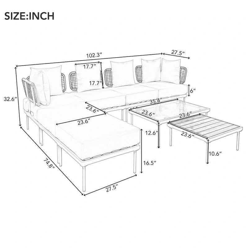 8-Piece Patio Sectional Sofa Set with Tempered Glass Coffee Table
