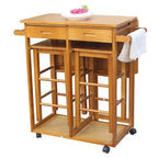 Square Solid Wood Folding Dining Kitchen Cart with 2 Free Stools Brown