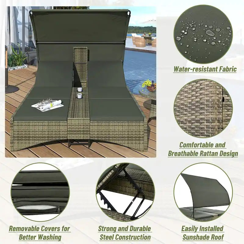 Daybed Outdoor Rattan Sun Lounger with Shelter Roof