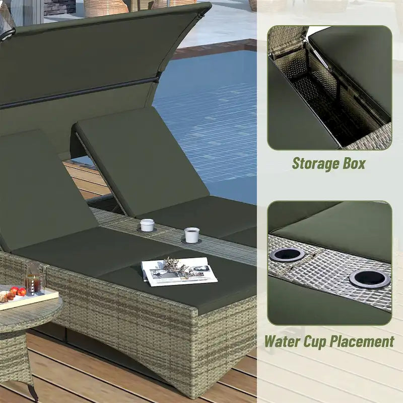 Daybed Outdoor Rattan Sun Lounger with Shelter Roof