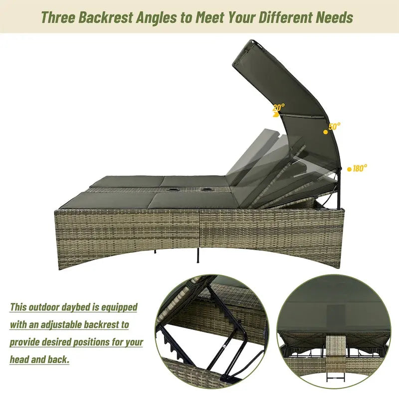 Daybed Outdoor Rattan Sun Lounger with Shelter Roof
