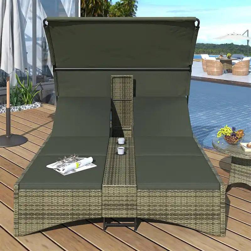 Daybed Outdoor Rattan Sun Lounger with Shelter Roof