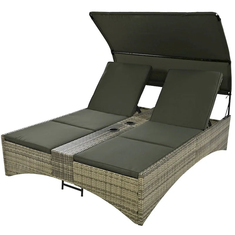 Daybed Outdoor Rattan Sun Lounger with Shelter Roof