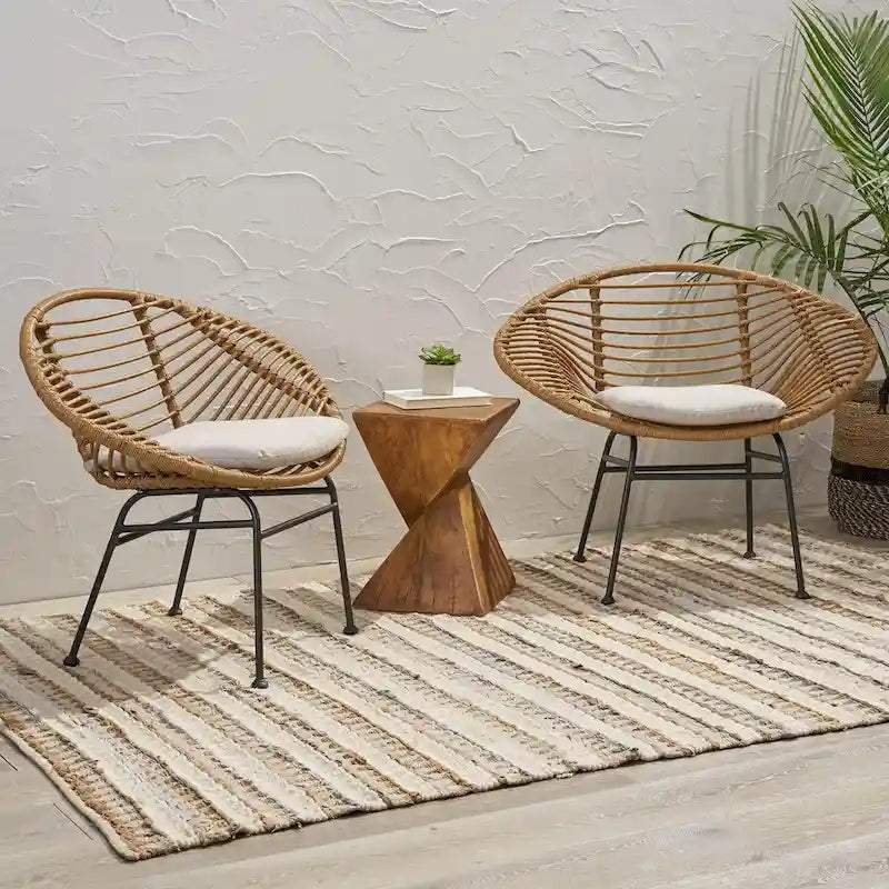 Modern Patio Polyethylene Rattan Chair with Cushions and Steel Frame, Set of 2