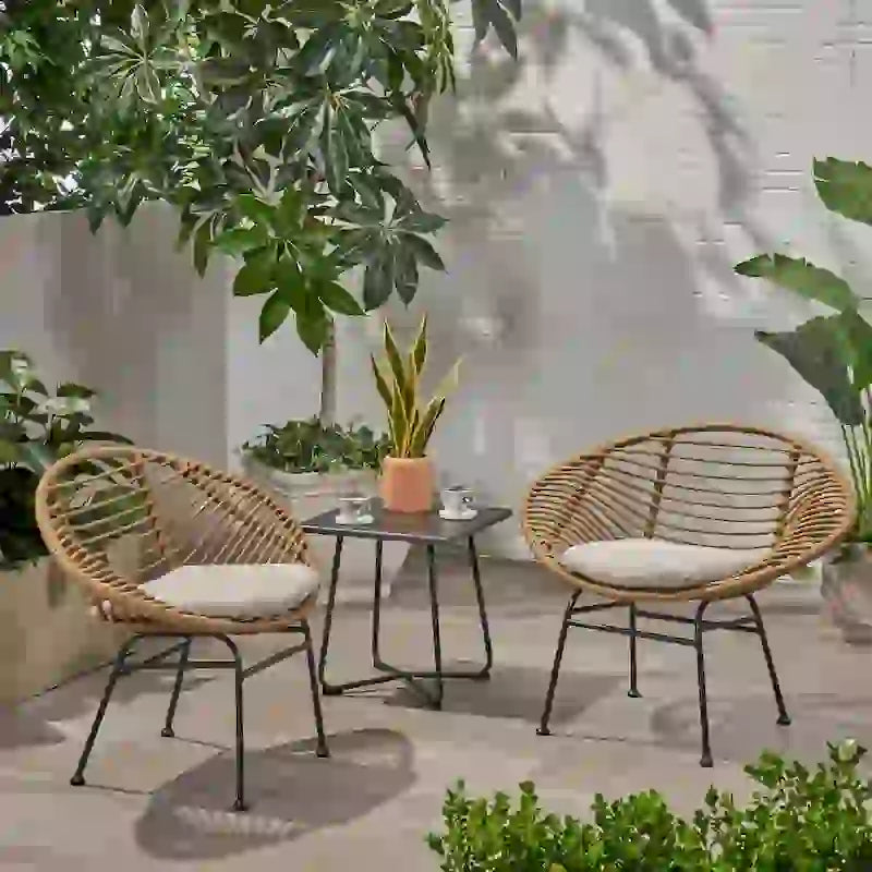 Modern Patio Polyethylene Rattan Chair with Cushions and Steel Frame, Set of 2