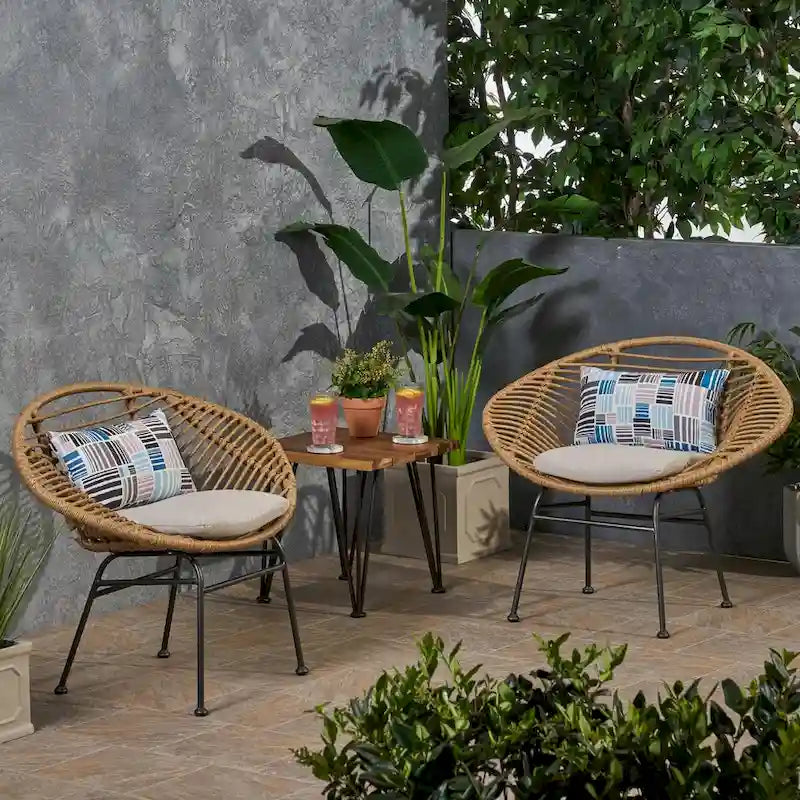 Modern Patio Polyethylene Rattan Chair with Cushions and Steel Frame, Set of 2