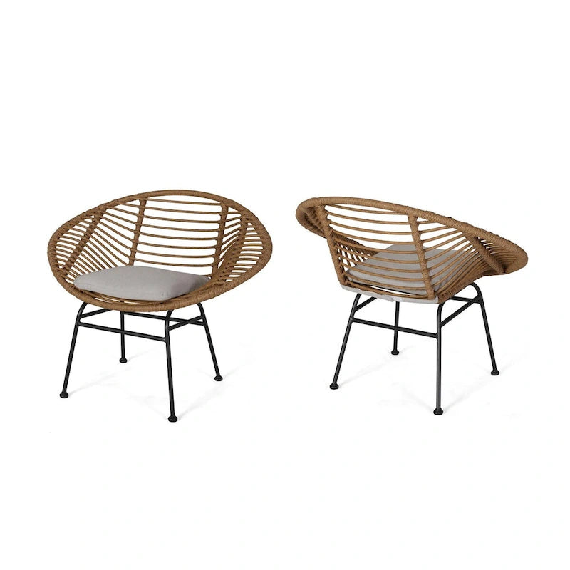 Modern Patio Polyethylene Rattan Chair with Cushions and Steel Frame, Set of 2