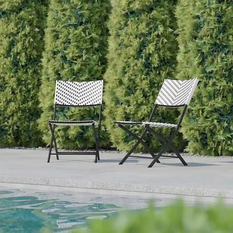 Set of Two Folding French Chairs in PE Rattan with Metal Frames
