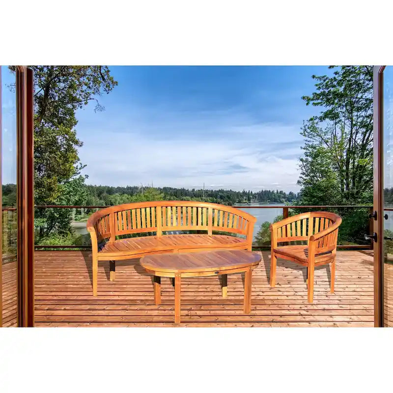 Chic Teak Peanut 3 Piece Teak Wood Patio Lounge Set, Triple Bench, Chair & Coffee Table