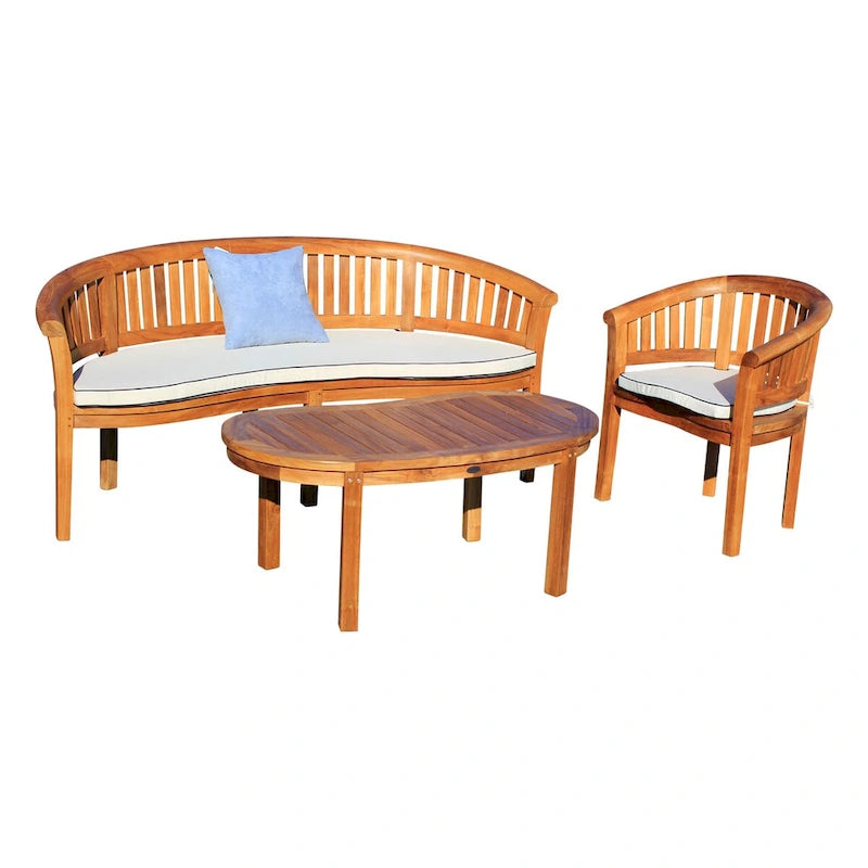 Chic Teak Peanut 3 Piece Teak Wood Patio Lounge Set, Triple Bench, Chair & Coffee Table