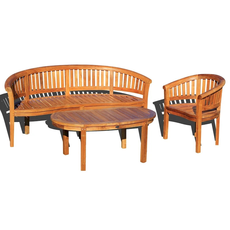 Chic Teak Peanut 3 Piece Teak Wood Patio Lounge Set, Triple Bench, Chair & Coffee Table