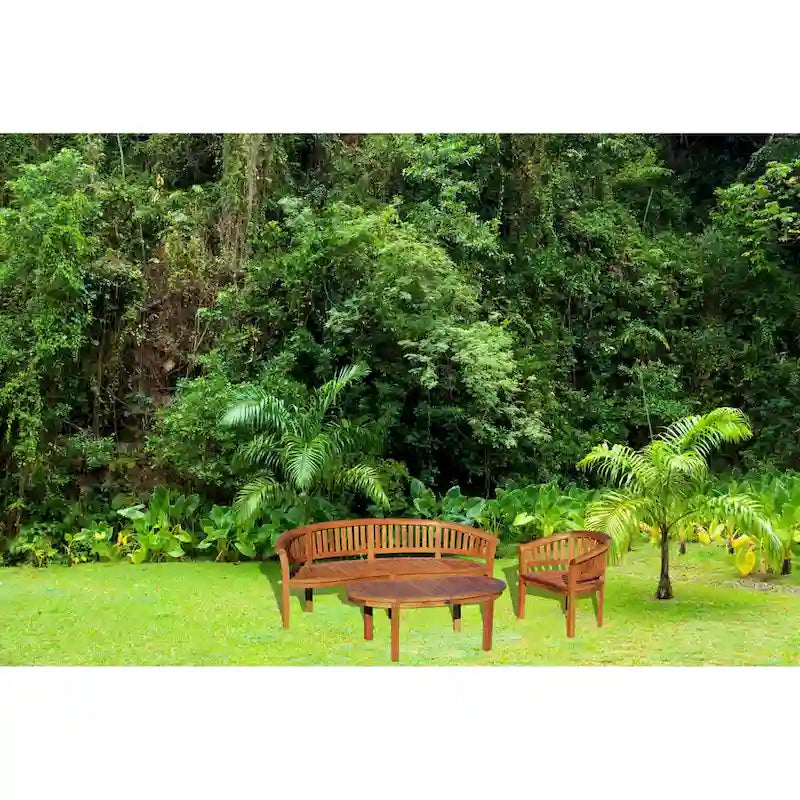 Chic Teak Peanut 3 Piece Teak Wood Patio Lounge Set, Triple Bench, Chair & Coffee Table
