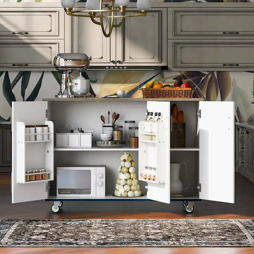 51.6 in. W Farmhouse Kitchen Island with Drop Leaf, Internal Storage Rack and Three Doors