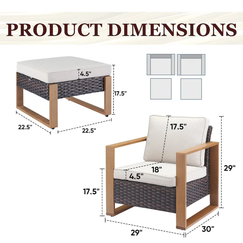 Gymojoy Outdoor Dining Chairs with Ottomans for Garden - Brown