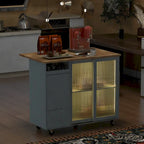 Kitchen Island Cart with Drop-Leaf Surface, LED Lighting, Fluted Glass Doors, Adjustable Shelf, and Two Drawers