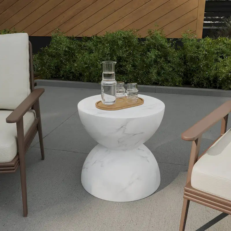 Sage 16-Inch Round Side Table in Fiberstone for Indoor and Outdoor Modern Weather Resistant End Table Hourglass Design
