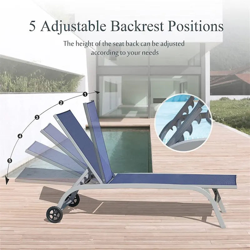 5 Adjustable Aluminium Outdoor Chaise Lounge Chair with Wheels Set of 2 - N/A