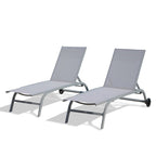 5 Adjustable Aluminium Outdoor Chaise Lounge Chair with Wheels Set of 2 - N/A