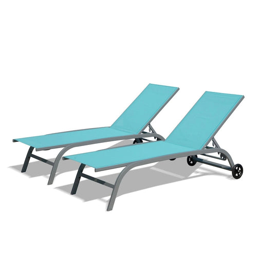 5 Adjustable Aluminium Outdoor Chaise Lounge Chair with Wheels Set of 2 - N/A