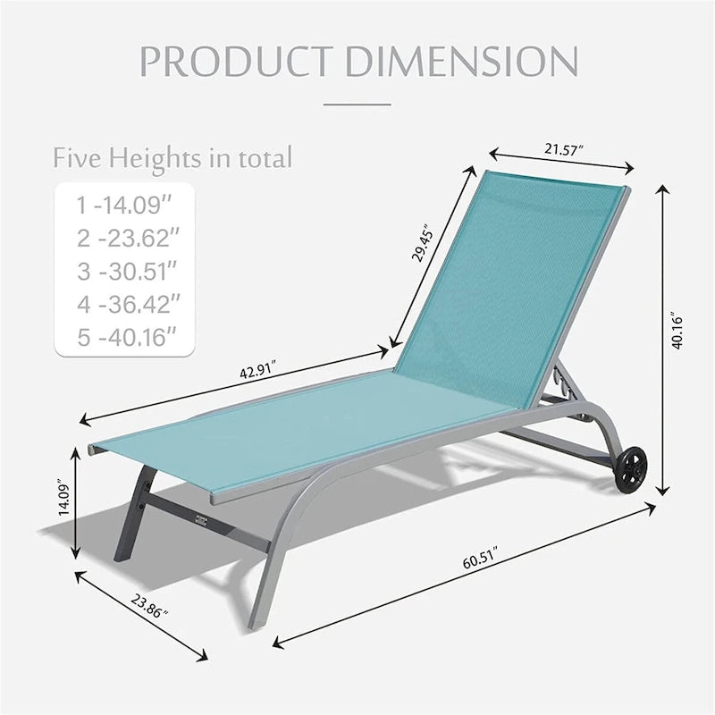 5 Adjustable Aluminium Outdoor Chaise Lounge Chair with Wheels Set of 2 - N/A