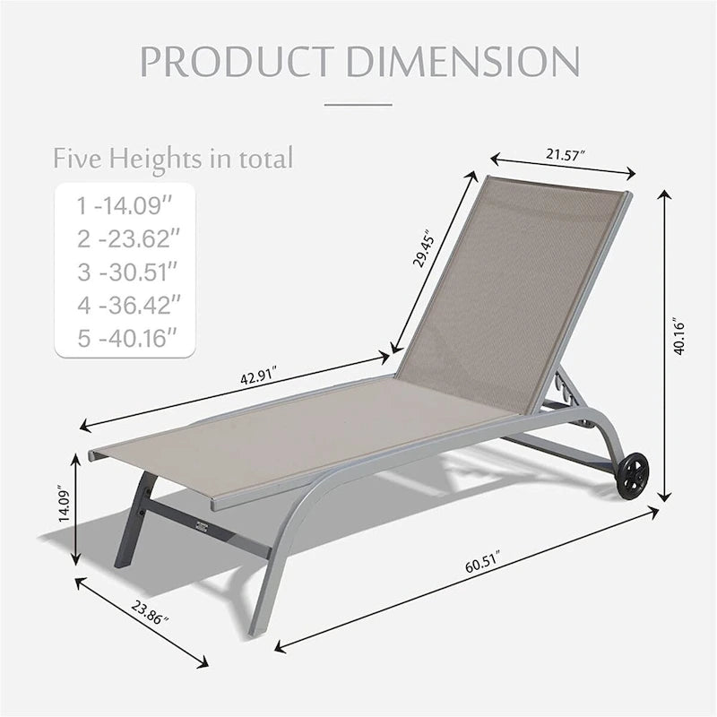 5 Adjustable Aluminium Outdoor Chaise Lounge Chair with Wheels Set of 2 - N/A