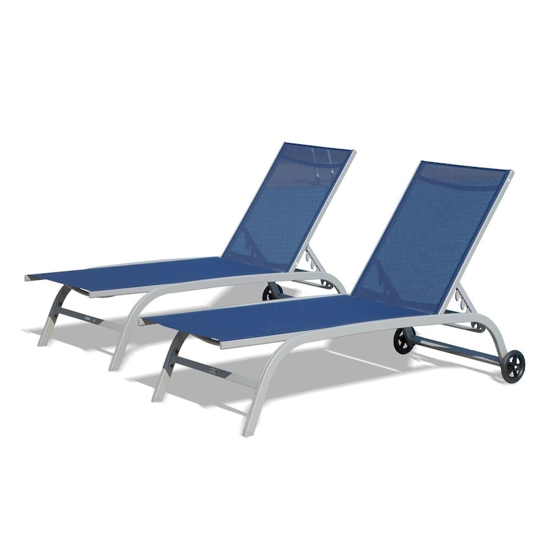 5 Adjustable Aluminium Outdoor Chaise Lounge Chair with Wheels Set of 2 - N/A