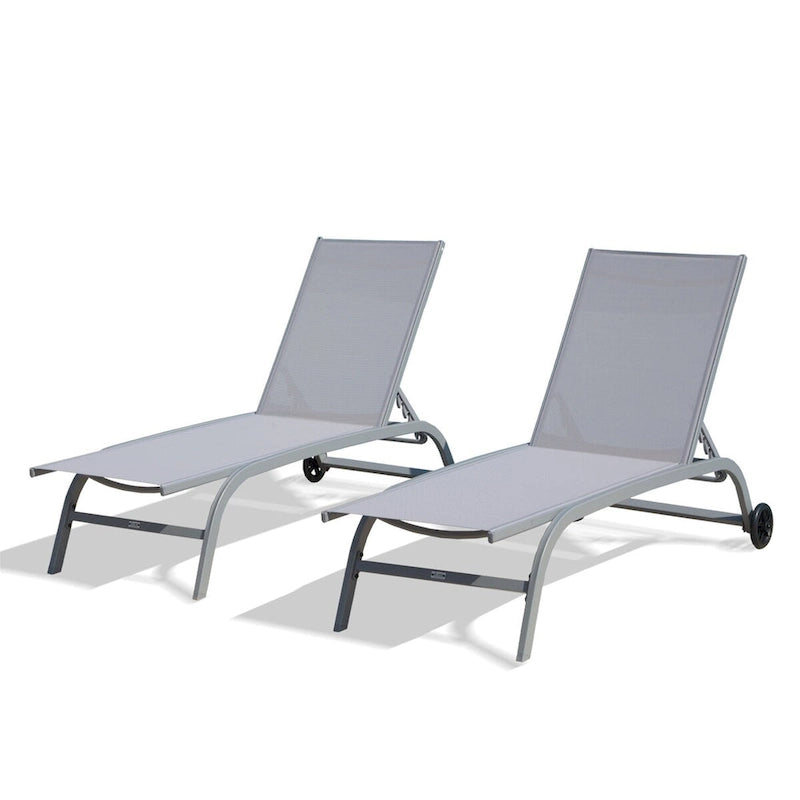 5 Adjustable Aluminium Outdoor Chaise Lounge Chair with Wheels Set of 2 - N/A