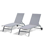 5 Adjustable Aluminium Outdoor Chaise Lounge Chair with Wheels Set of 2 - N/A