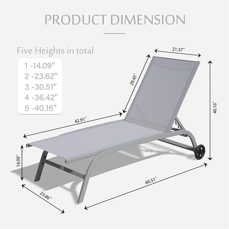 5 Adjustable Aluminium Outdoor Chaise Lounge Chair with Wheels Set of 2 - N/A
